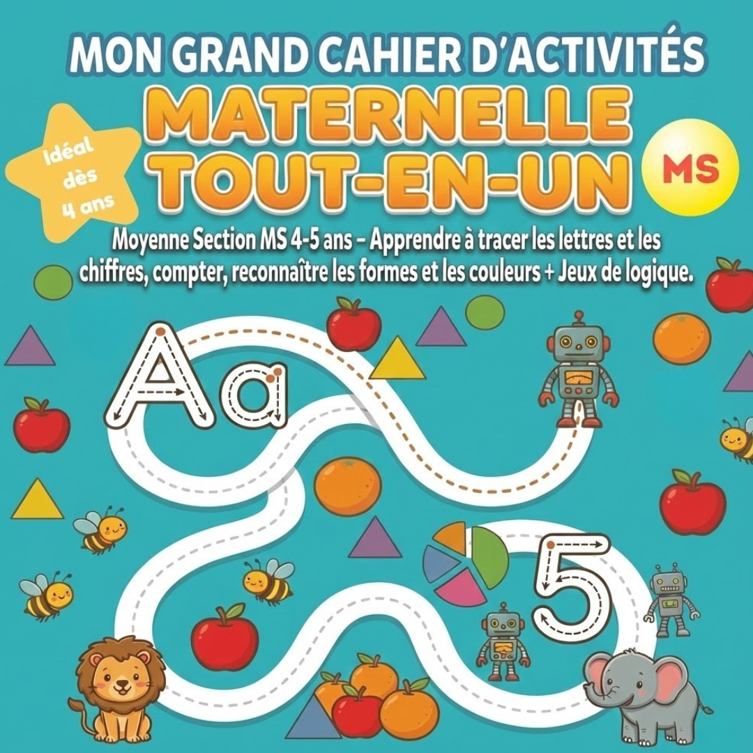 Mon grand cahier d'activités Maternelle : Tout-en-un : Moyenne Section MS 4-5 ans - Apprendre à tracer les lettres et les chiffres, compter, reconnaître les formes et les couleurs + Jeux de logique.